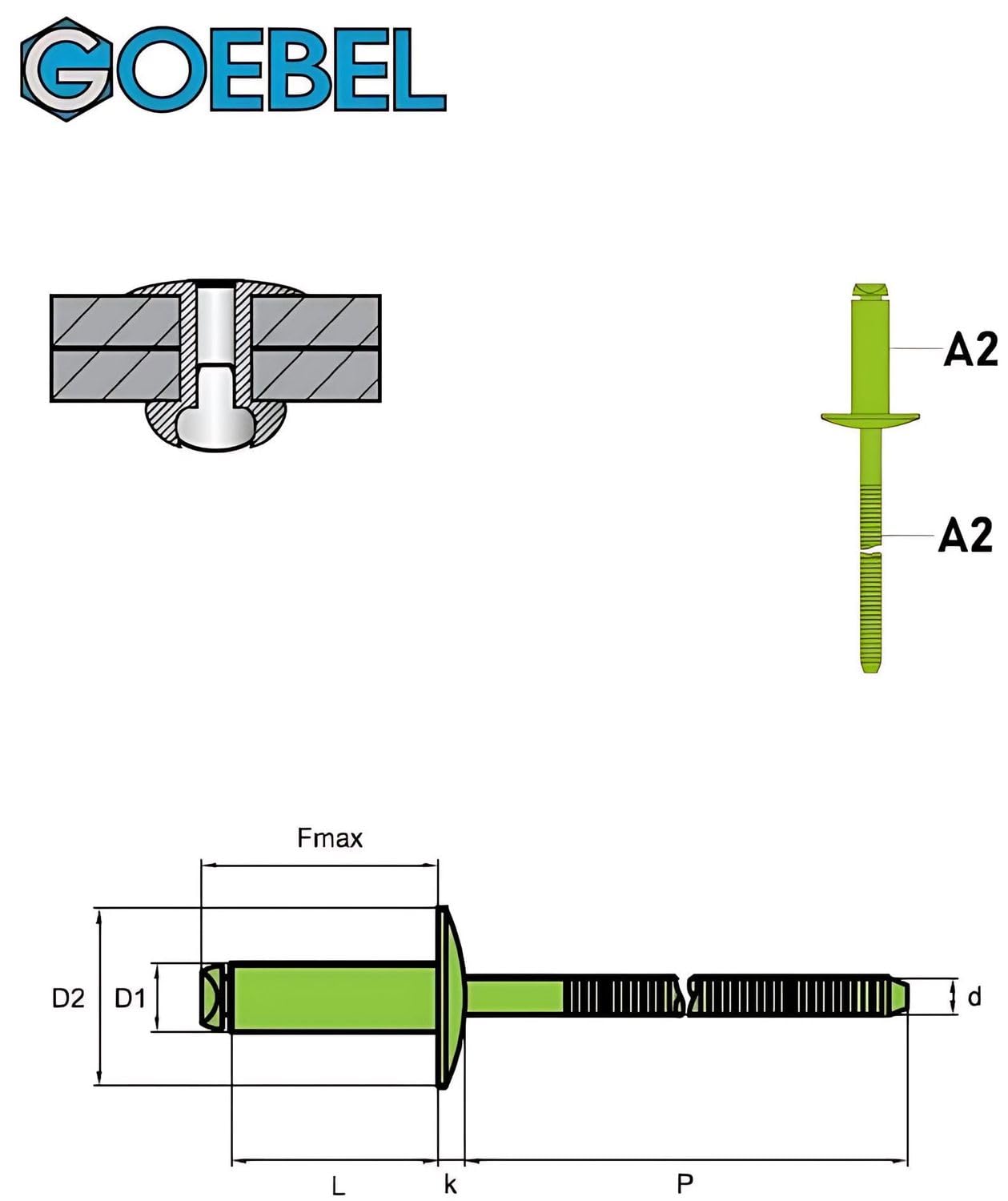 GOEBEL® - 500 unidades - Remaches de cabeza grande con mandril ranurado de acero inoxidable A2 (V2A) (diámetro x longitud) 4,8 x 10,0 mm - Remache ciego de cabeza grande con mandril ranurado - Remache