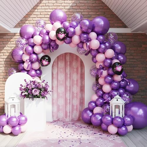 Image of Pink Purple Black Balloons, 50PCS 12 Inch Black Macaron Metallic Purple Pink Birthday Heart Printed Balloons for Princess Theme Birthday Decorations Baby Shower Party
