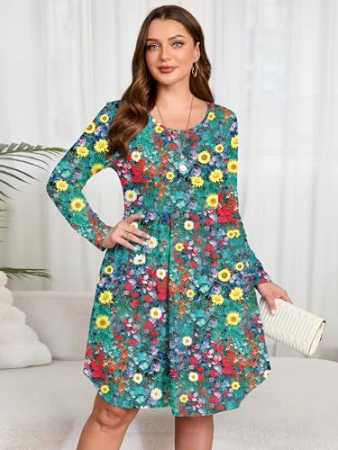 Image of AusLook Women's Plus Size Long Sleeve Midi Dress Casual Empire Waist Loose Flowy Dresses A-Line Boho Long Dress with Pockets