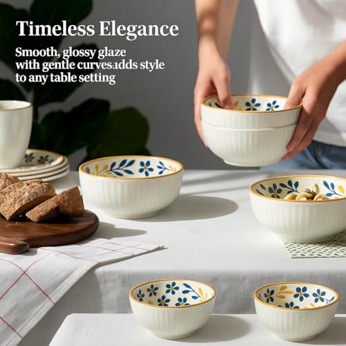 Image of Yelona Ceramic Dinner Set of 4 (2 Plates & 2 Bowls) for Snacks, Rotis, Pasta, Salads & Everyday Meals - Handcrafted Porcelain with Floral Design | Microwave & Dishwasher Safe Dinnerware (Abstract)