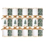 Harvey & Mason Pack of 8 Premium Green White Gold Tree Christmas Crackers - 12.5" Metallic Festive Xmas Holiday Dinner Table Decorations - Novelty Fun Prizes Gifts Contains Hats Jokes