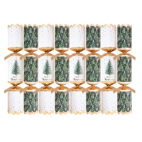 Harvey & Mason Pack of 8 Premium Green White Gold Tree Christmas Crackers - 12.5" Metallic Festive Xmas Holiday Dinner Table Decorations - Novelty Fun Prizes Gifts Contains Hats Jokes