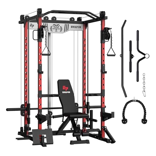 EVOLPOW M2D Smith Machine, Strength Training Squat Rack with LAT-Pull Down System & Cable Crossover Machine for Home Gym and More Training Attachment