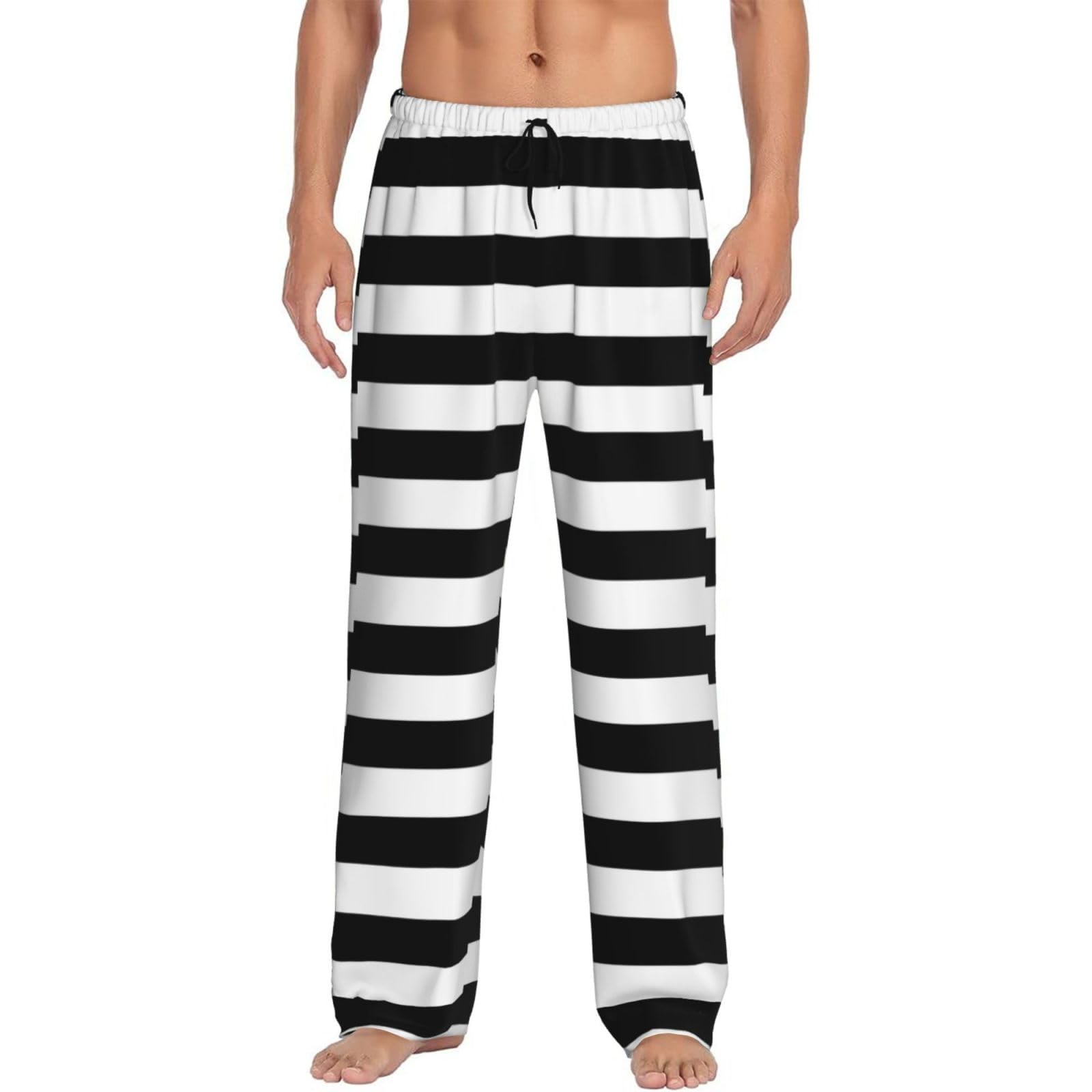 Pocuk Men's Black Stripes White Pajama Pants Loose Leisure Loungewear Lie In Bed Sofa With Pockets Elastic Waist
