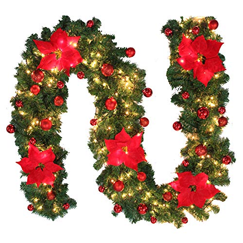 New_Soul Guirnalda de Navidad para Chimenea o Escalera Decorada con Luces Azules y Bolas de Flores, Funciona con Pilas, para decoración de Navidad, Guirnalda de Corona