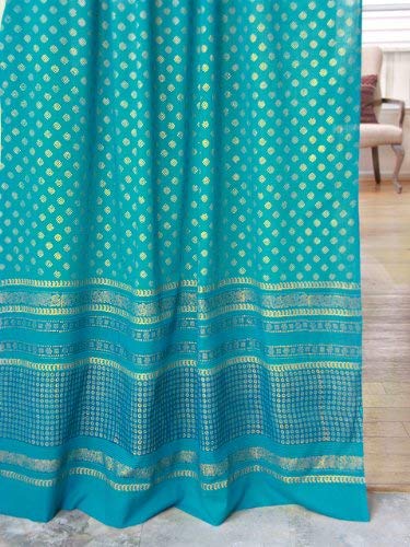 Saffron Marigold Jeweled Peacock Curtain Panel | Hand Printed | 100% Cotton | Indian Sari Curtains Turquoise Gossamer Drapes 46 x 63