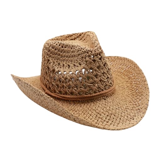 Image of Straw Cowgirl Hat for Women Cowboy Hats for Men Wide Brim Sun Hat Shapeable Western Hat Beach Hat (US, Alpha, Medium, Z-Brown)