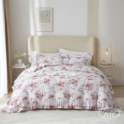 Image of VM VOUGEMARKET Rose Flower Duvet Cover Set Queen Romantic Girls Ruffle Bedding Set Soft Microfiber Botanical Duvet Cover with 2 Pillow Shams