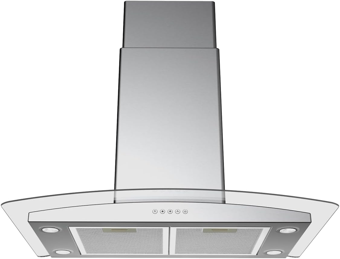 Blue Ocean RH668I 36 inch 900 CFM Tempered Glass Stainless Steel LED Light Island Mount Kitchen Range Hood with Ducted/Ductless Convertible Duct