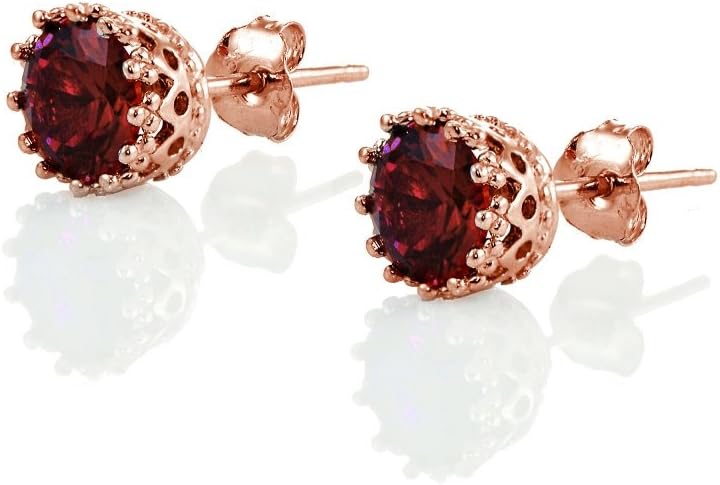 Rose Gold Flashed Sterling Silver Genuine, Created or Simulated Birthstone Gemstone Crown Stud Earrings