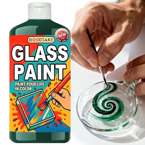 GOODTAKE Green Glass Paint - Acrylic Paint's for Glass Painting & Stained, Ceramic Paint's - Vibrant Enamel Paint for Wine Glasses, Bottle and Windows, DIY Crafts & Art (Green, 10.5 Fl.Oz)