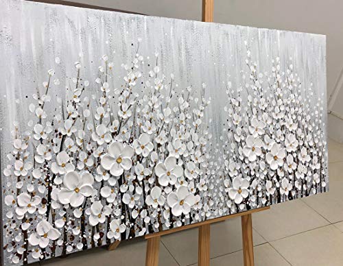 V-Inspire Art, 24X48 Inch Hand Painted 3D White Flowers Wall Art Abstract Canvas Oil Paintings Wall Decorations For Living Room Dining Room Bedroom Artwork For Home Walls #TOP1