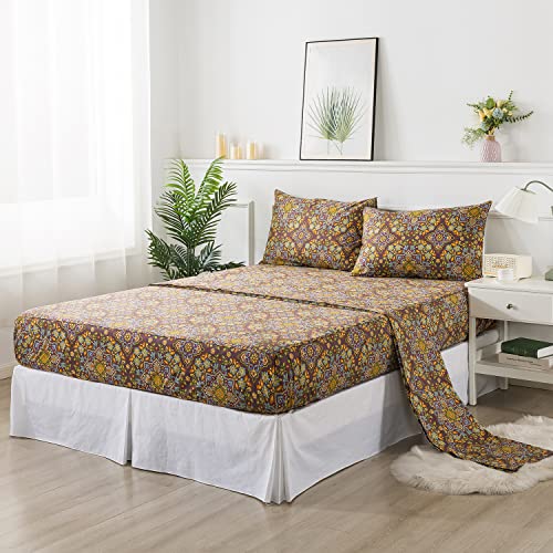 Fadfay Shabby Floral Sheets Set Queen Purple American Vintage Style Bed Sheet Antique Bohemian Bedding Exotic Luxury 100% Natural Cotton Soft Breathable Women Mandala Bedding Deep Pocket Fitted Sheet #TOP7