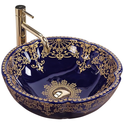 Rea Vasque à poser Marina Blue Lavabo Salle de Bain 425 x 425 x 150 mm en Céramique (bleu/or)