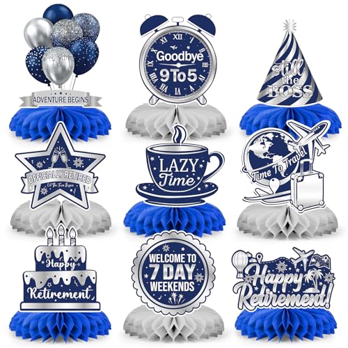 9 Pcs Retirement Party Decorations Honeycomb Centerpieces Blue Silver Happy Retirement Table Decorations Funny Officially Retired Table Toppers for Men Women Party Supplies