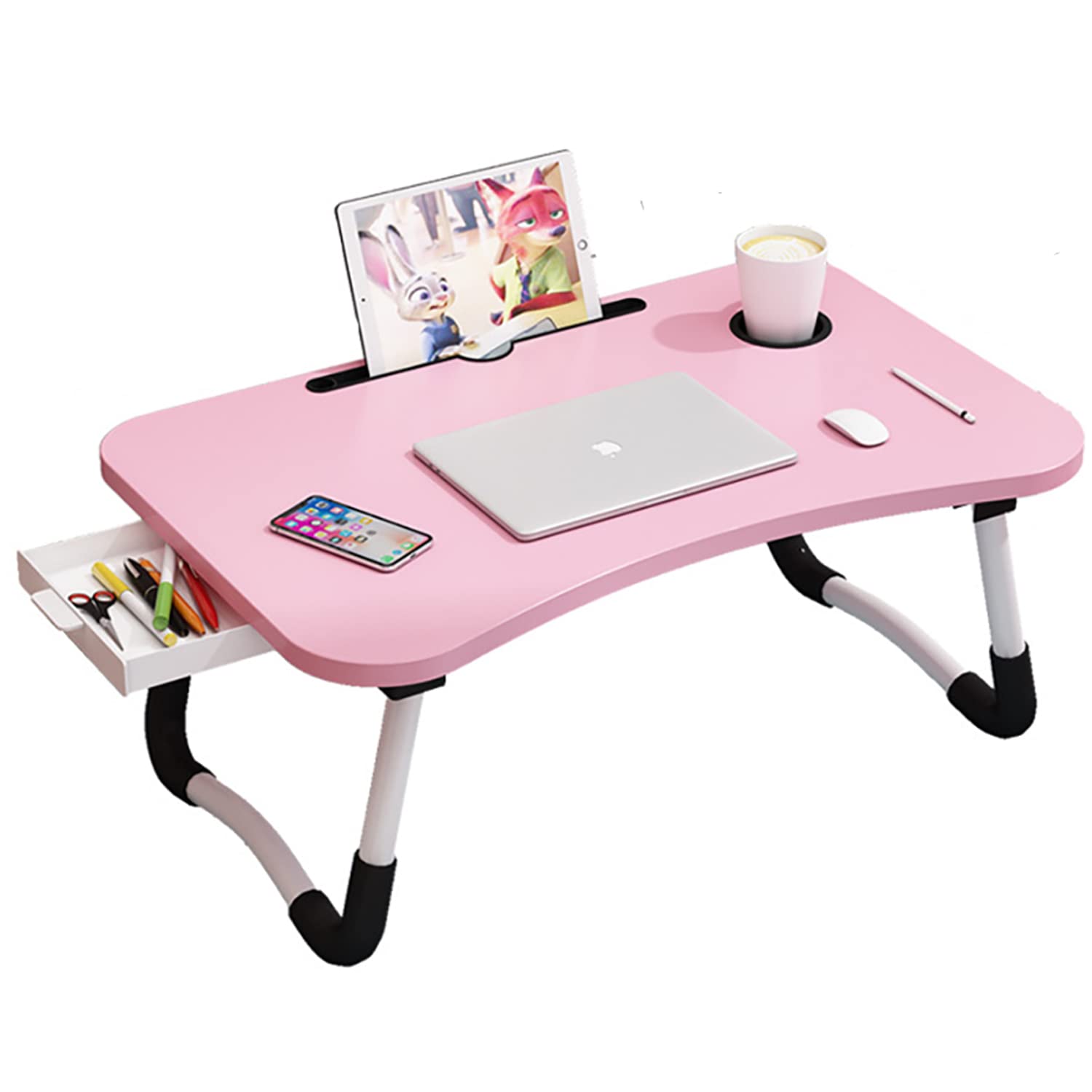 BSTMOME Laptop Desk Bed Stand Foldable Laptop Table Folding Breakfast Tray Portable Lap Standing Desk Reading and Writing Holder with Drawer for Bed Couch Sofa Floor (Pink)