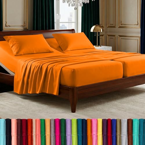 Image of Elegant Comfort Luxurious 1500 Premium Hotel Quality Microfiber Three Line Embroidered Softest 5-Piece Bed Sheet Set, Wrinkle and Fade Resistant, Split King, Orange