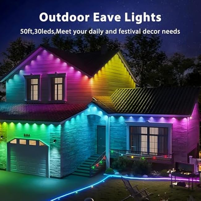 Permanent Outdoor Lights for House, RGBIC LED Lights for Daily and Accent Lighting, Smart RGB Eaves Lights 30leds, IP67 Waterproof for Outdoor DIY Decor, Holiday Decorations, Party, App/Remote Control