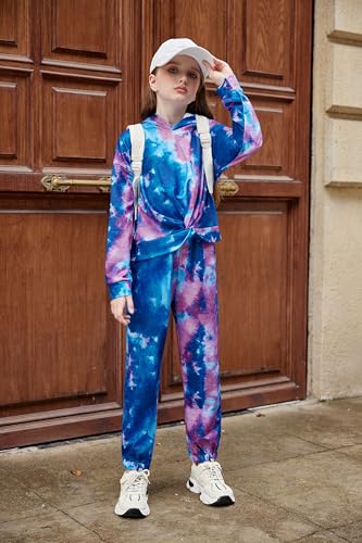 Arshiner Girl's 2 Piece Outfits Tie-dye Twist Front Pullover Hooded Sweatsuits Sweatshirt and Sweatpants Clothing Set3