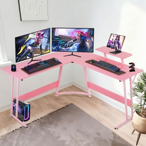 Image of L Shaped Gaming Desk, 50 inch Corner Desk, Spacious Dual Tops, P2 Particleboard, Metal Z-Legs, Adjustable Non-Slip Pads, Scratch /Waterproof, Multi-Use Home Office /Game Room /Dorm