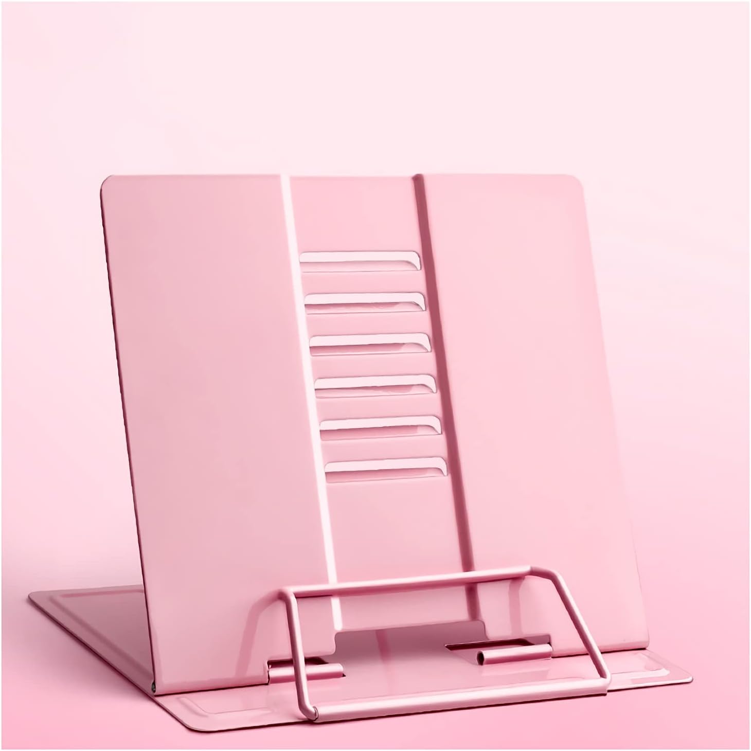 Book Stands and Holders for Reading Desk Book Stand Metal Reading Rest Adjustable Portable Cookbook Documents Textbook Holder Bookstand for Students 8.3 x 7.5 inch for Kitchen and Office (Pink )