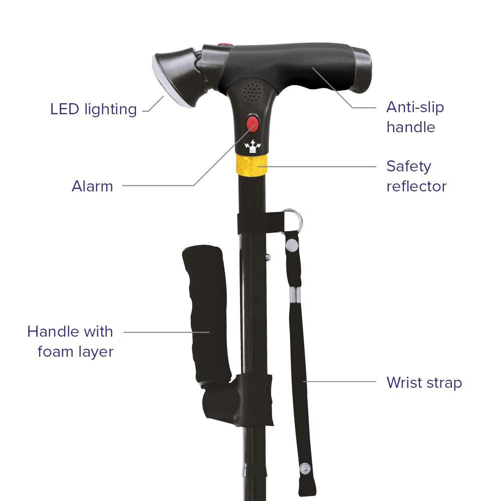 DR-HO'S Get Up & Go - Bastón de lujo plegable, altura ajustable con luz y alarma, base de 4 puntos, soporte de movilidad de doble mango para personas mayores y adultos