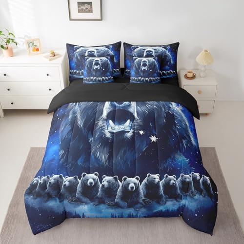 Feelyou Kinder-Bettwäsche-Set mit Bärenmotiv, 7-teilig, niedliches Muster, rustikales Hüttenbett, Landhausbett in einer Tasche, Galaxie, Blau /...