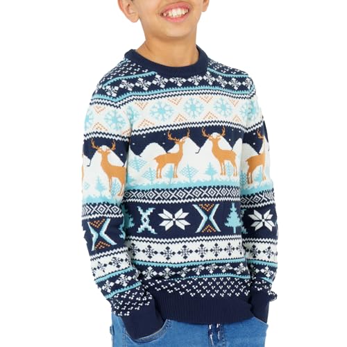 Kids Unisex Festive Christmas Jumper Reindeer Moose Fair Isle with Baubles Stockings Soft Nordic Winter Knit Sweater for Girls & Boys Holiday Cream