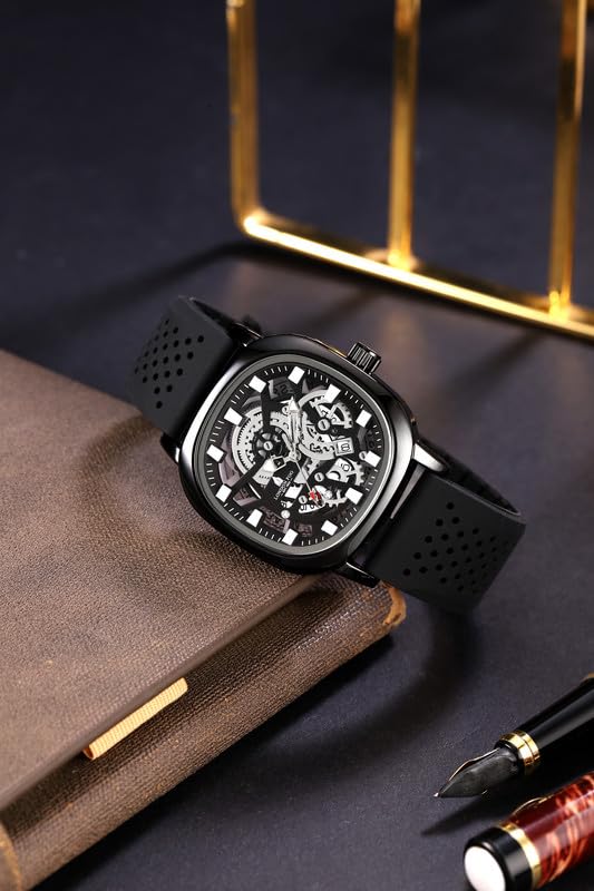 Image of London Fog Strand Collection Skeleton Style Quartz Watch for Men with Cushion Shaped Case, Date Display, Luminous Hands & Baton Hour Markers and Perforated Silicone Strap - LFM10026