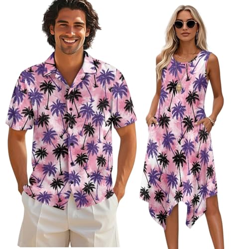 Twousenru Pink Tie-Dye Palm Couples Matching Outfit Mens Casual Short