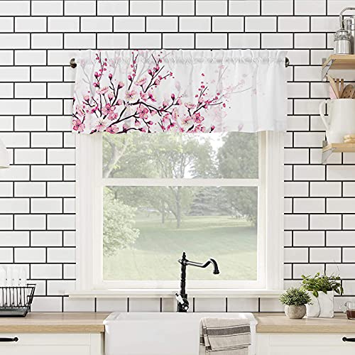 Applebless Curtain Valances For Living Room Cherry Blossom Rod Pocket Short Window Valance Pink White Short Kitchen Window Treatment Valances For Bedroom Bathroom（1 Panel,54X18 Inch） #TOP3