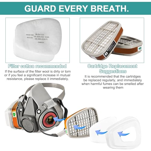 6001 Filter für Atemschutzmaske Set, Filter gegen Organische Dämpfe Set, Baumwollfilter Filters, 60 Filterbaumwolle + 4 Filter und 4 Abdeckkappen für Handwerker, Heimwerker, Farbspritz
