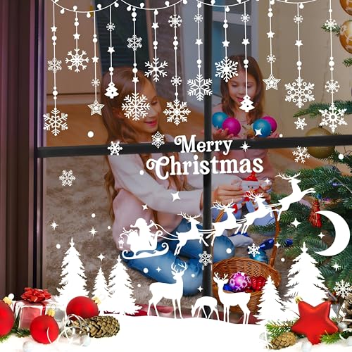 Image of AhfuLife Christmas Window Clings, 209 PCS Reusable Christmas Window Stickers for Glass, 9 Sheets Double Sided Snowflake Xmas Trees Garland Stickers for Xmas Party