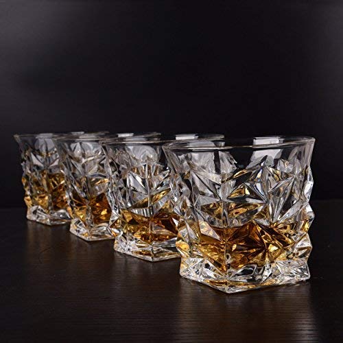 HOME CRAF® Crystal Diamond Cuts Shape 290 ML Set of 4 Pcs Whiskey, Wine, Brandy, Juice Drinking Glass - Tableware for Water, Cocktails, and Bar