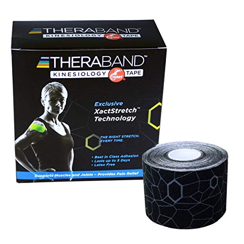 TheraBand Kinesiology Tape, Waterproof Physio Tape for Pain Relief, Muscle & Joint Support, Standard Roll with XactStretch Application Indicators, 2" X 16.4" Roll, 6 Pack, Black/ Black
