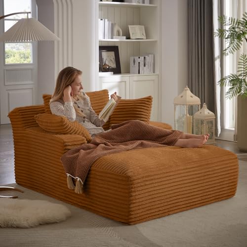 Image of 67 Inch Chaise Lounge Chair Indoor, Oversized Corduroy Upholstered Boneless Sofa Bed, Deep Seat Sleeper Couch Reading Chairs, Cloud Sofas Couches for Living Room, No Assembly Required (Orange)