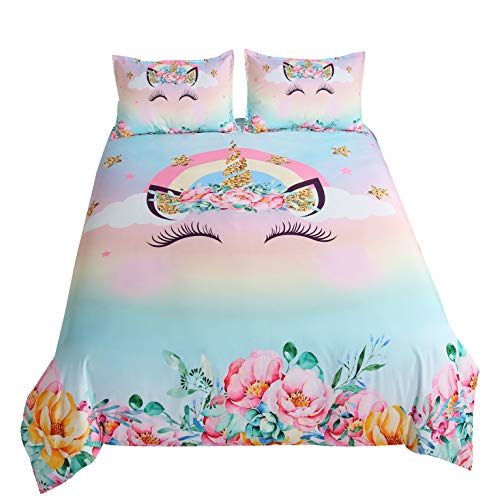 🛒 Crazy Deals Suncloris,Flower Unicorn Rainbow Glitter Stars,Birthday Party Gift,Home Bedding Set.Included:1 Duvet Cover,2 Pillowcase(no Comforter Inside) (Queen)