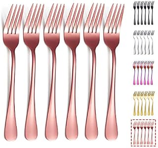Kyraton Rose Gold Dinner Fork 6 Pieces, Stainless Steel 20.5cm Forks Rose Gold Titanium Plating Silverware, Copper Forks Set of 6