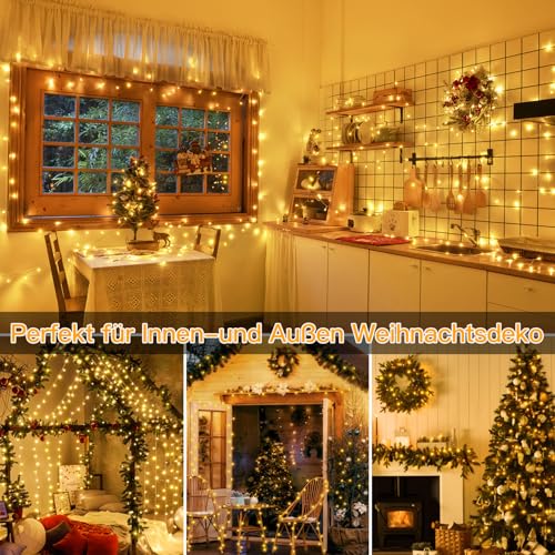 Ollny Lichterkette außen 20m 200LED, Lichterkette Weihnachtsbaum mit Fernbedienung und Timer, 8 Modi IP44 wasserdicht innen mit Stecker Weihnachten Hochzeit Party (Warmweiß)