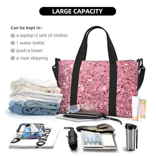 Rose Gold Glitter Foldable Travel Tote Bag With Multiple Pockets Durable Weekend Overnight Duffel Bag For Gym Camping Hiking Business Trip 5