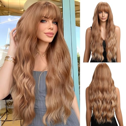 OUFEI Ombre Strawberry Blonde Wigs for Women Long Wavy Wig with Bangs Natural Synthetic Hair Heat Resistant Wigs for Daily Party Cosplay Wear