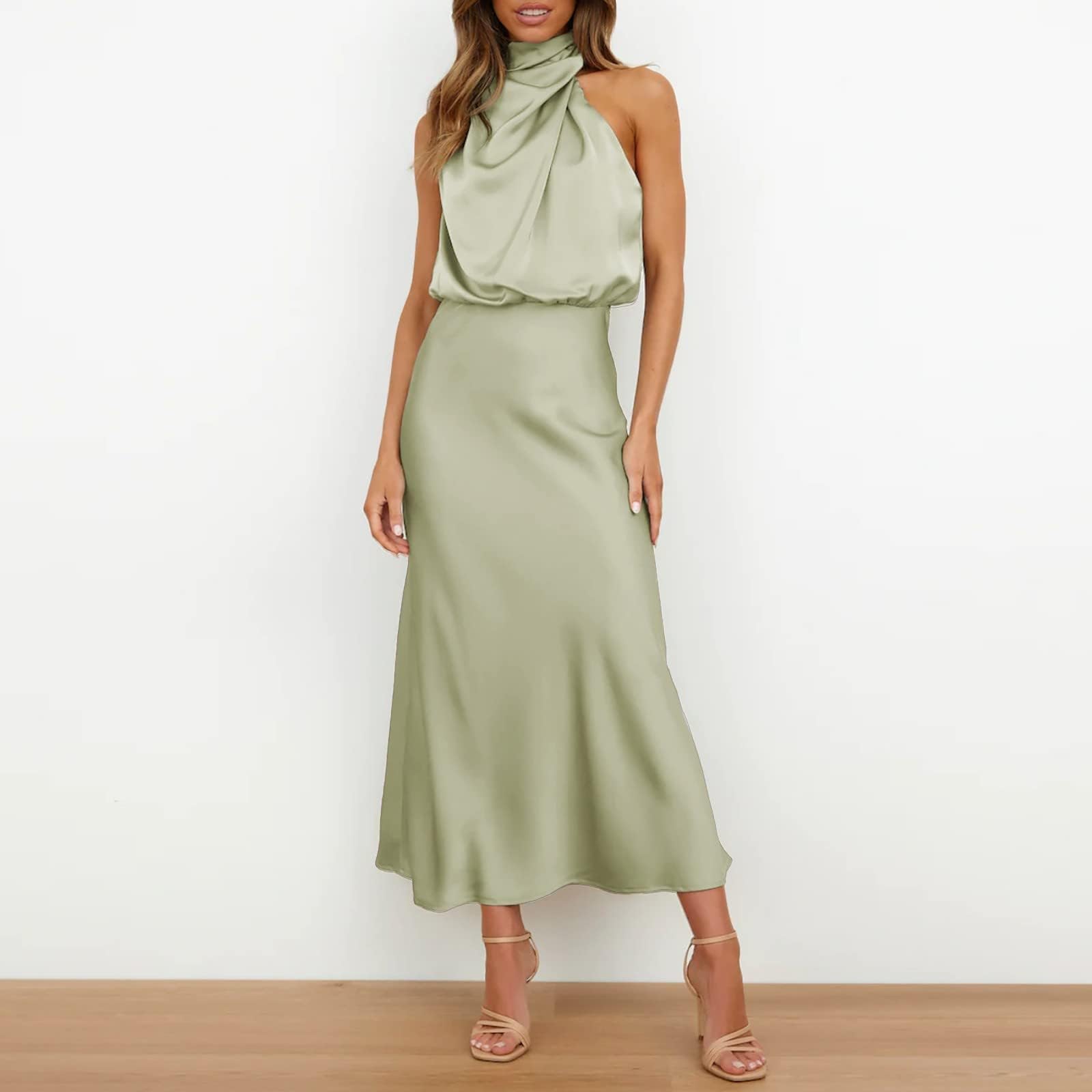 Elegante abito da sera lungo senza maniche in raso con allacciatura al collo, abito estivo da matrimonio, a vita alta, elegante