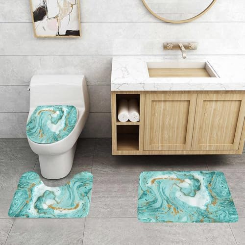 EYLOZS Badezimmerteppich Set 3 Teilig Waschbar rutschfeste Badematte Toilettenmatte Weich Saugfähige Badteppiche,Marmor-Türkis- und Goldfarben auf weißem Papier – Bild 4