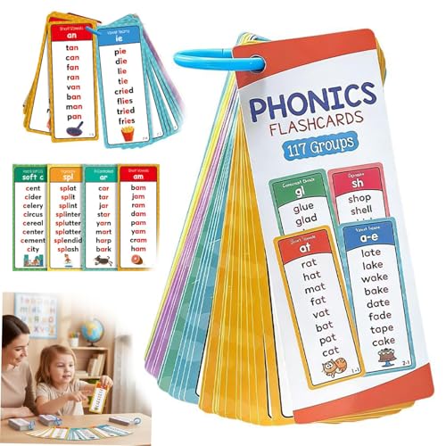 60PCS Phonics Flash Cards-Phonics Word Cards 117 Sound Groups 900+ Rhyming Words Preschool English Discovery Joy,Double-Sided Phonics Word List Card Set, Learn to Read & Spell,Fun Learning Activities