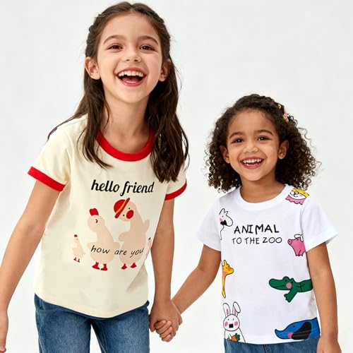 Image of B&G-KID Toddler Girl Tshirt Pack 2 Pink Heart Animal Print Toddler T Shirts Girls Short Sleeve Shirts 2T-7T.