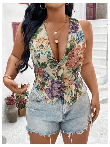 GORGLITTER Women's Plus Size Floral Vest Button Up Vest Sleeveless Cropped Blazers Vest Top4