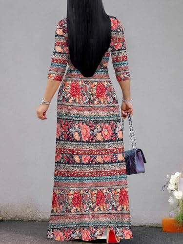 Image of Women's V Neck Floral Maxi Dress 3 /4 Sleeve Plus Size Boho Wrap Flowy Long Dresses with Belt