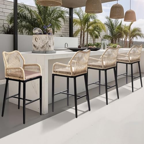 VINGLI Outdoor Bar Stools Set of 2, Heavy-Duty Outdoor Barstools Boho Woven Patio Bar Stools with Backrest, Patio Garden Balcony Pool Bar Chairs with Cushions (Apricot) - Thumbnail 2