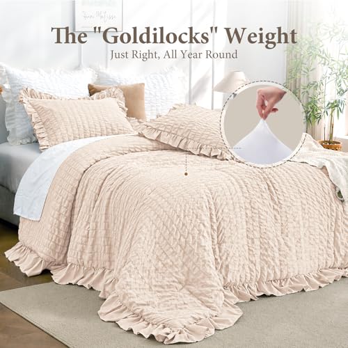 Image of JOLLYVOGUE Beige Comforter Full Size, 3 Pieces Seersucker Lightweight Full Size Bedding, All Season Fluffy Microfiber Bedding Comforter Set with 1 Ruffle Comforter and 2 Ruffle Pillowshams