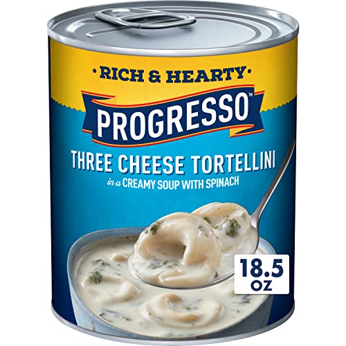 Image of Progresso Rich & Hearty Three Cheese Tortellini Soup, 18.5 oz | Cheese tortellini in creamy chicken broth with spinach, 170 calories per 1-cup serving, No artificial flavors